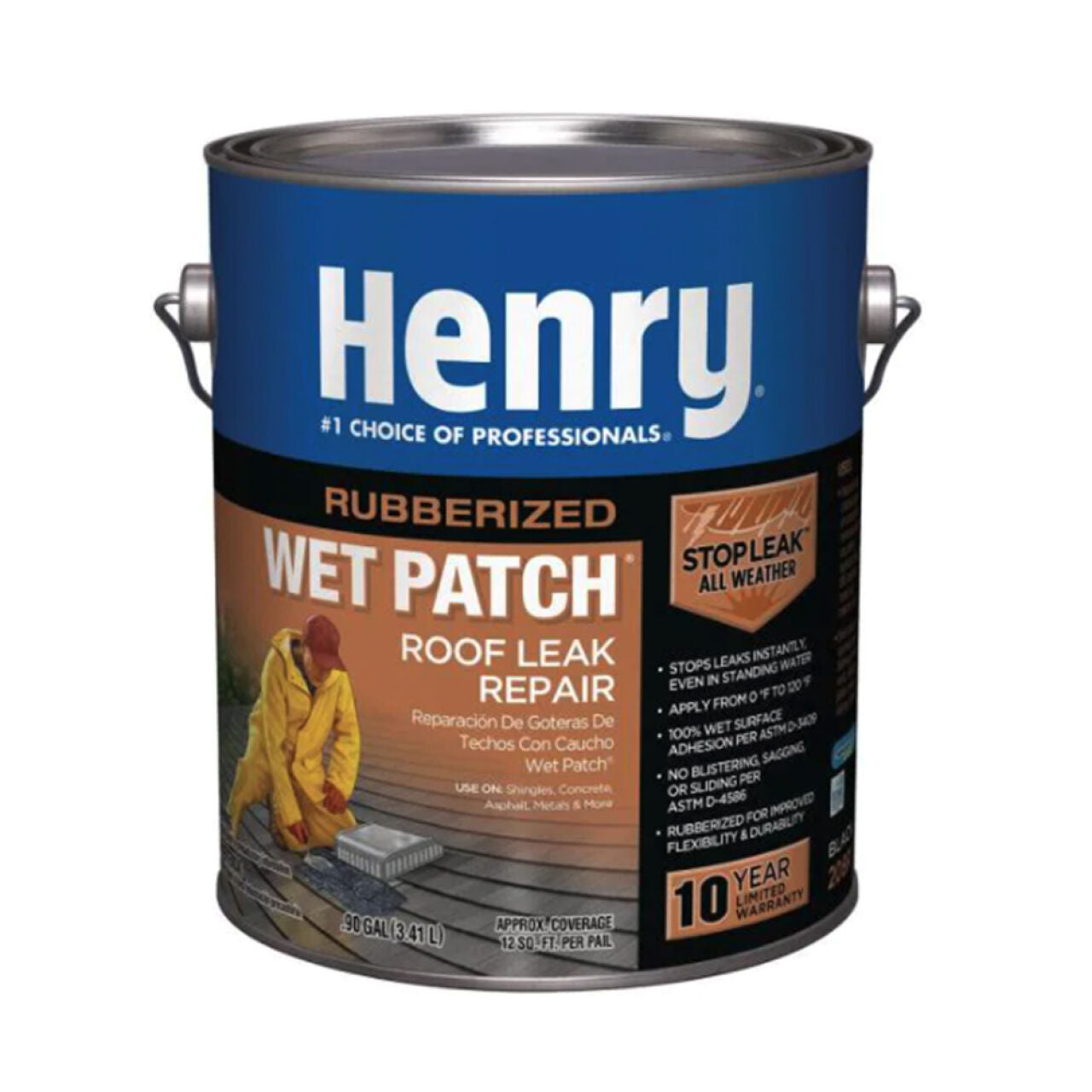 A 0.9 gal. can of Go Build Rubberized Wet Patch Roof Cement Leak Repair, branded The Fastest Way To Build, offers all-weather protection, a 10-year warranty, and features a durable roof cement for leak repair.